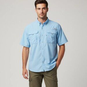 Columbia PFG Omni-Shade Mens L Light Blue Vented Quick Dry Fishing Shirt